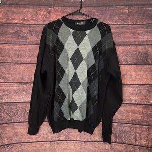 Brandini Argyle Black & Gray Pullover WOOL Sweater Mens XL Made in Italy
